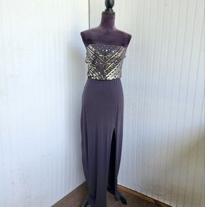Express Women's Strapless Maxi Sequins Detail Front Slit Stretch Sz XS